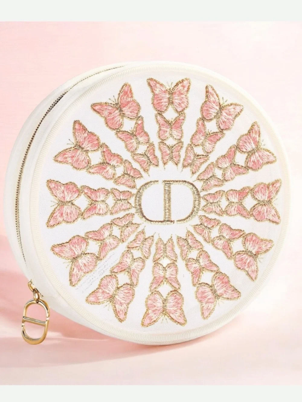 Dior CD Embroidered Butterfly Round White Cosmetic Bag Mothers Day - Picture 1 of 1